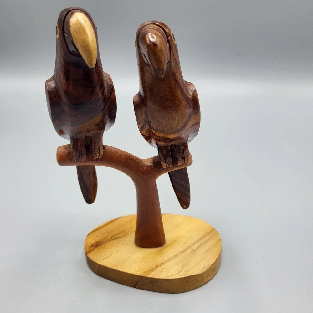 Hand Carved Wood Parrot Sculpture Figurine Pair on Branch Shelf Decor 6.25